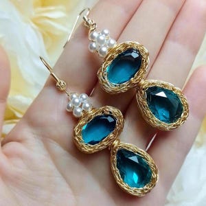 Blue Swarovski Crystal Earrings: 18K Gold-Plated Boho Bridal Jewelry