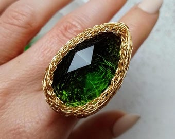 Big Green Swarovski Crystal Ring: Gold Filled Statement Cocktail Ring, Vintage Style Jewelry, Luxury Handmade Christmas Gift for Her