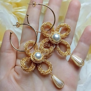 Handmade 18K Gold-Filled Flower Earrings: Pearl Drop Hoop Earrings