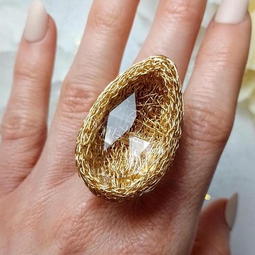 Big Crystal Gold Statement Ring, Big Clear Quartz Cocktail Ring