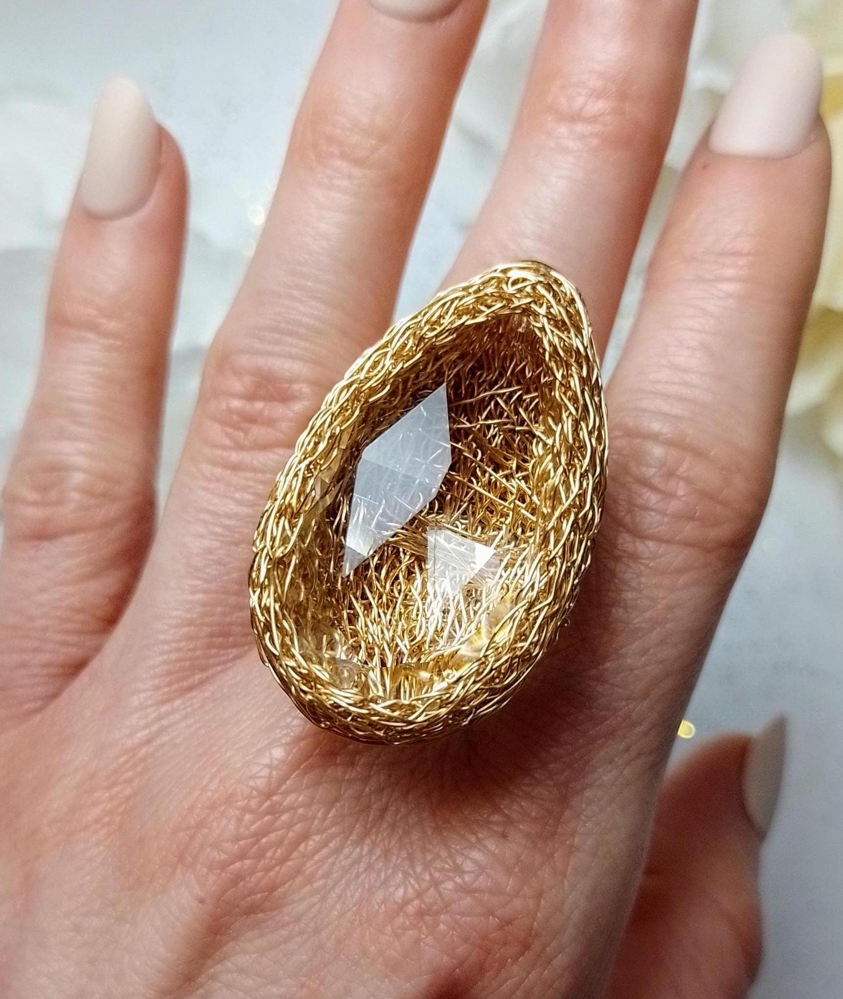 Big Crystal Gold Statement Ring, Big Clear Quartz Cocktail Ring
