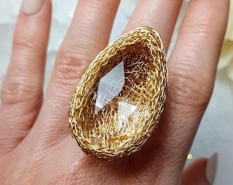Large gemstone statement ring, Clear quartz ring, Big faceted gemstone ring, Gold big crystal ring, Gold chunky rings for women with stone