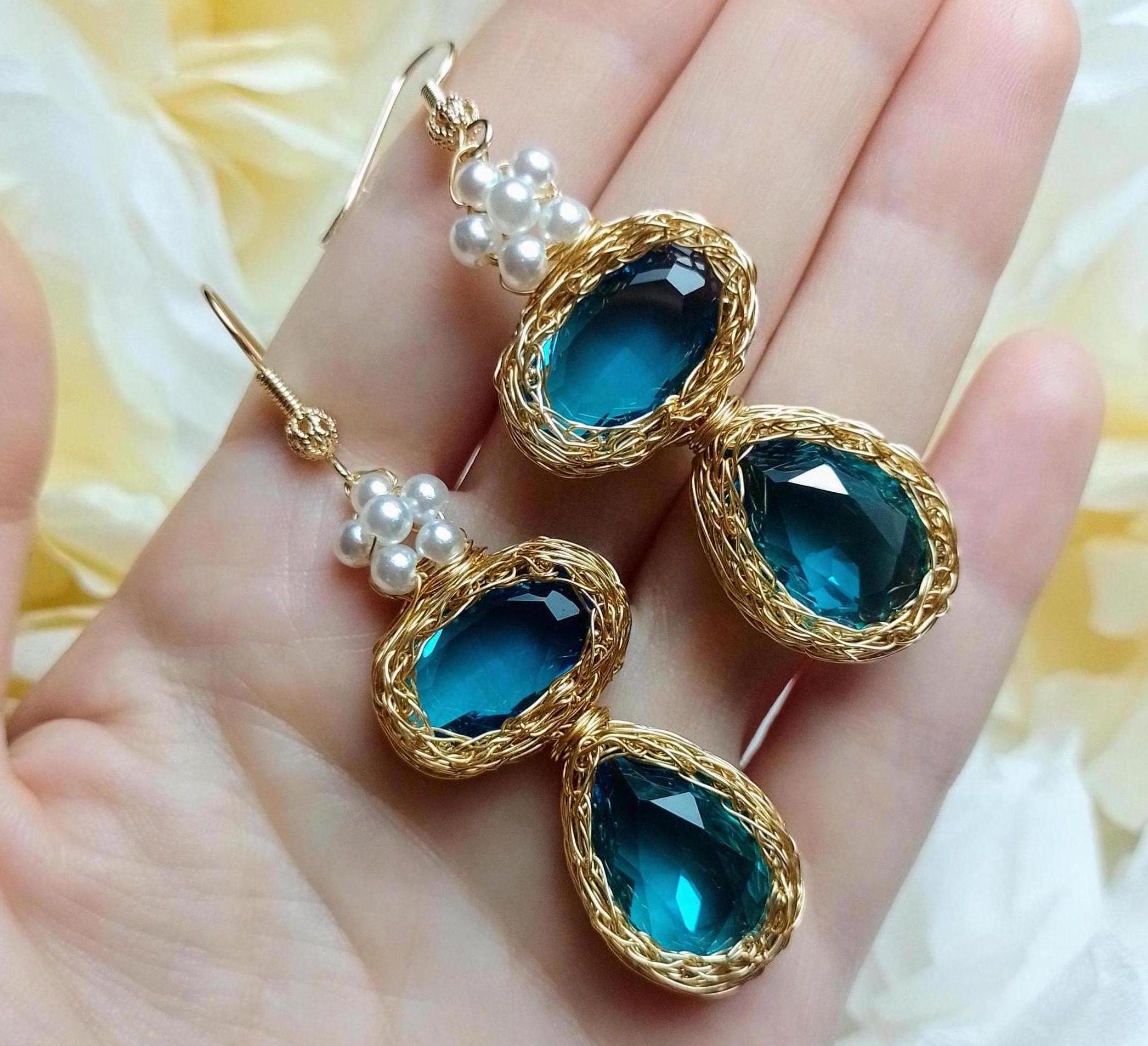 Blue Swarovski Crystal Earrings: 18K Gold-Plated Boho Bridal Jewelry