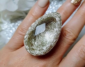 Big clear crystal quartz ring, Large crystal statement ring, Bold gemstone ring for women, Big gem cocktail ring, Huge quartz ring gift her