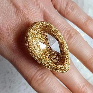 Handwoven Clear Quartz Statement Ring: Gold-Filled Boho Cocktail Jewelry