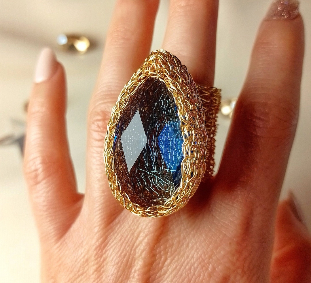 Big Blue Faceted Crystal Ring, Large Blue Stone Ring Women, Giant Blue