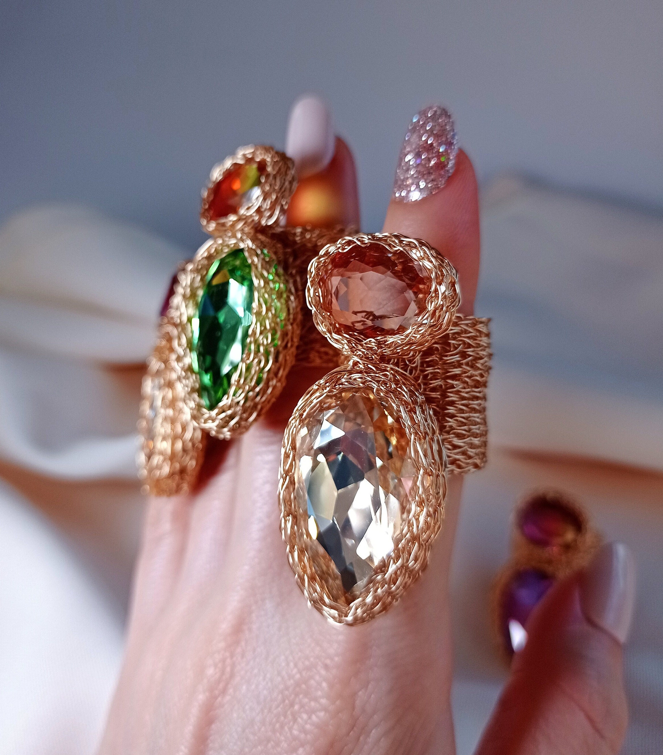Huge Cocktail Gold-filled Crystal Ring: Peach Tourmaline  display picture 1