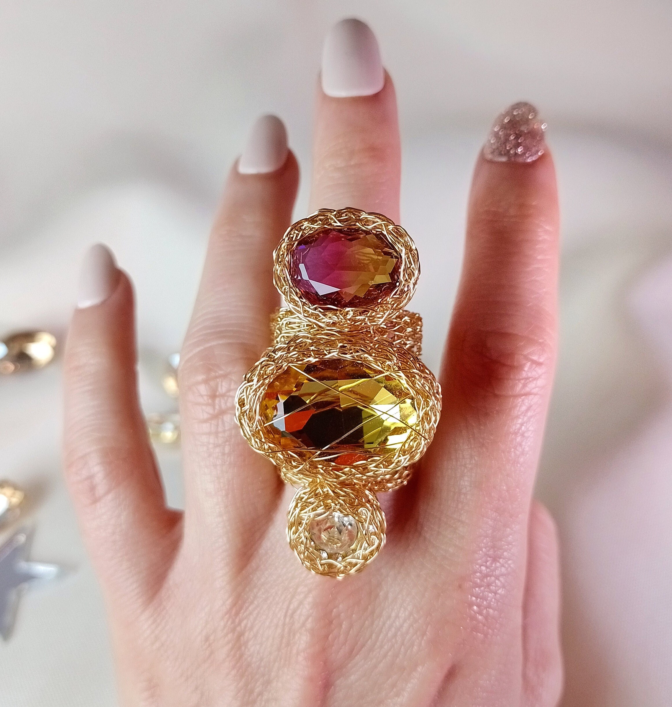 Huge Multi Stone Gold Cocktail Ring Statement Big Crystal Ametrine Swarovski and Zircon Ring Oversized Yellow Gem Ring Large Gemstone Ring Etsy