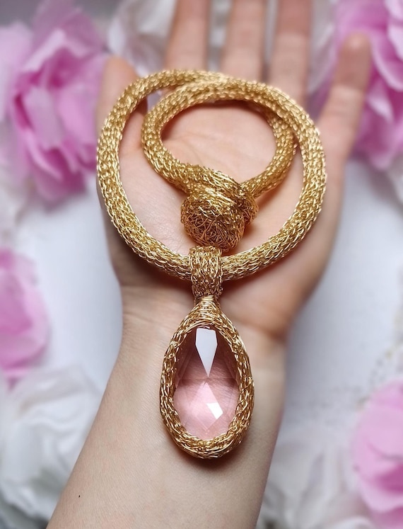 Large Rose Quartz Swarovski Pendant Necklace, Big Bold Chunky