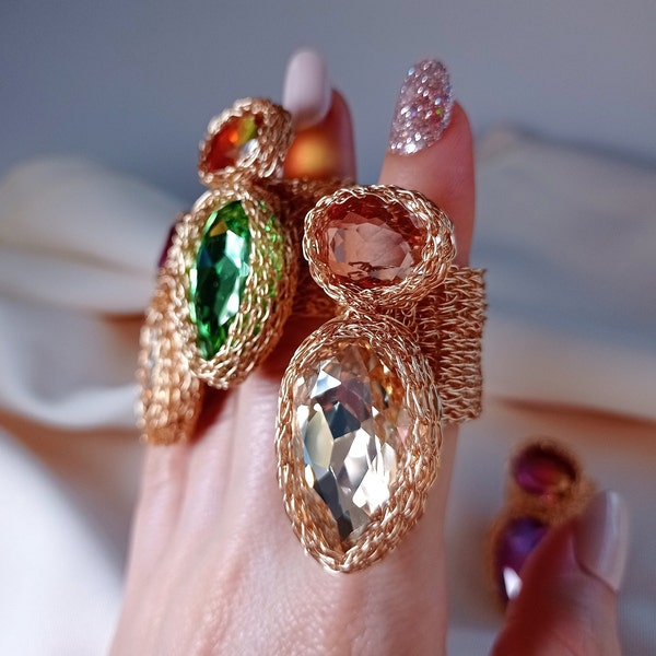 Statement big crystal cocktail ring, Peach pink tourmaline ring gold women, Oversized chunky multi stone ring, Large vintage swarovski ring