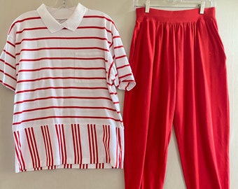 Vintage Nike Red Striped Polo And Red Sweatpants Matching Set