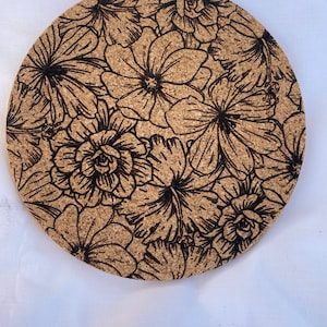 Flower Cork Trivet, Laser engraved