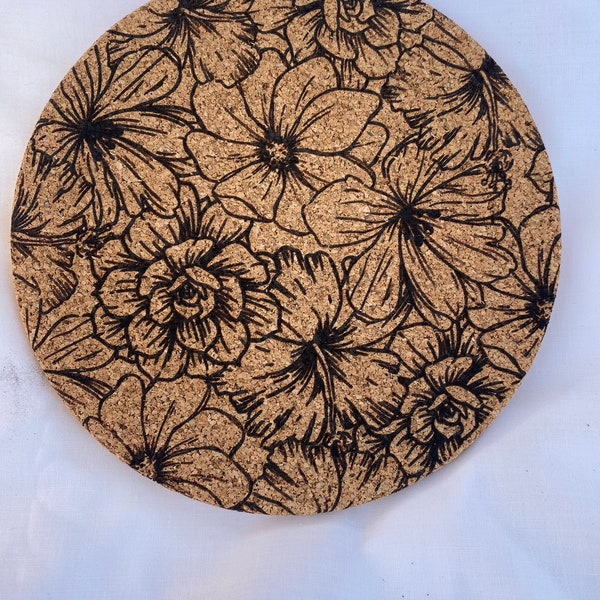 Flower Cork Trivet, Laser engraved