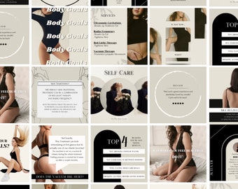 May include: A collage of images promoting body contouring treatments. The images feature a woman in lingerie, text about the services offered, and reviews from satisfied customers. The text includes the words "Body Goals", "Self Care", "Top 4 Reasons You're Not Seeing Results", and "What Are Your Body Goals?"