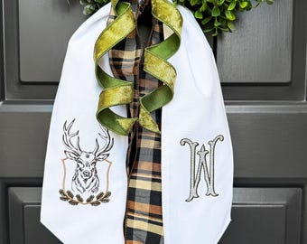 Wreath Sash Embroidered | Fall Wreath Sash | Deer Door Decor | Monogrammed Wreath Sash | Hunting Season Front Door Decor | Rustic Fall Decor