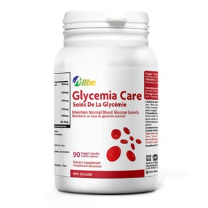 May include: A white bottle of Glycemia Care dietary supplement with red accents and text. The label includes the brand name, product name, and details about maintaining normal blood glucose levels. The bottle contains 90 veggie capsules.