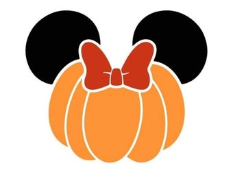 May include: A graphic illustration of an orange pumpkin with white outlines, featuring two large black circular ears at the top and a bright red bow centered between the ears, creating a recognizable silhouette shape against a plain white background.