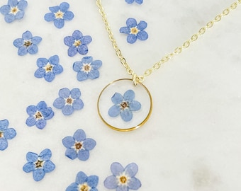 Collar de nomeolvides prensado: regalo chapado en oro para largas distancias