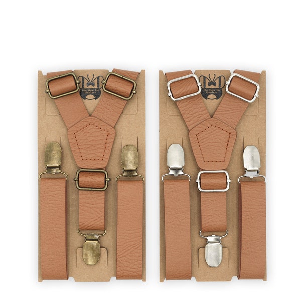 Leather Suspenders, Tan leather suspenders, groomsmen suspenders, suspenders for men, ring bearer outfit,boys suspenders, wedding suspenders