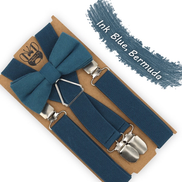 Ink Blue Bow Tie & Suspenders, Bermuda bow tie and suspenders, Ring Bearer Outfit, Groomsmen, Wedding Outfits,Boys Bow Tie, Wedding,all ages