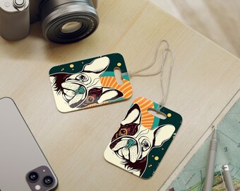 Retro French Bulldog Luggage Tags - Glossy Durable Plastic ID Tag for Suitcases