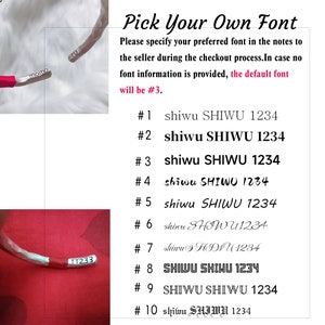 May include: The image displays a selection of fonts for customization. Text reads "Pick Your Own Font" and provides font options numbered 1 through 10. The default font is #3 if no font is specified. The image also shows a red and white bracelet.