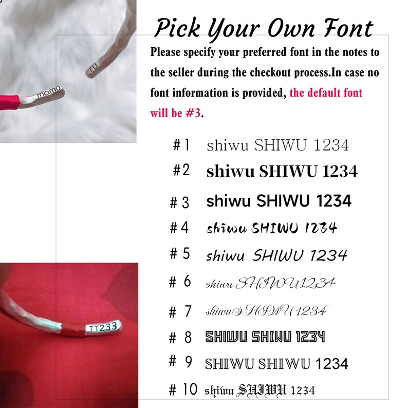 May include: The image displays a selection of fonts for customization. Text reads "Pick Your Own Font" and provides font options numbered 1 through 10. The default font is #3 if no font is specified. The image also shows a red and white bracelet.