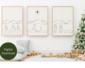 Three Piece Line Art Nativity Digital Download, Beautiful Christmas Minimalist Nativity Wall Art, Boho Christmas, Baby Jesus Nativity