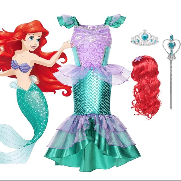 Disfraz de princesa sirena de Disney para niñas, disfraz de Ariel, vestido tutú de tul multicapa para niños, ropa de sirena de lentejuelas para fiesta de cumpleaños