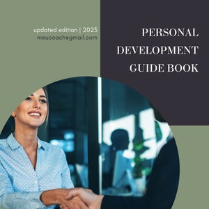 May include: A woman shakes hands with a man in a business meeting. The image is a cover for a guidebook titled "Personal Development Guide Book" by Carlos Nascimento, Business Constellation.