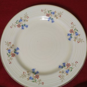 May include: A white ceramic plate with a floral design. The plate has a scalloped edge and a raised rim. The flowers are blue, red, and white.