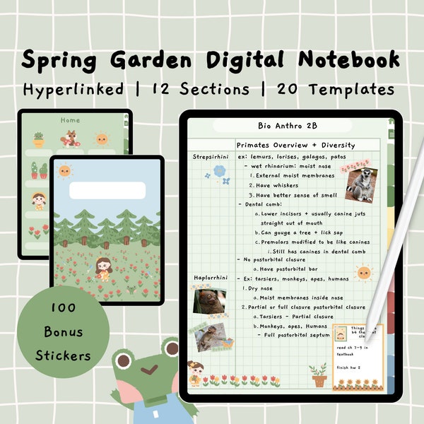 Cute Spring Garden Digital Notebook 12 Hyperlinked Tabs and Templates for Note Taking, Studying, Journaling, Planning, for Goodnotes