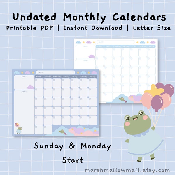 Printable Letter Monthly Planner, Cute Undated Desk Calendar, Kawaii Blank Digital,  Rain Frog on Dreamy Pastel Clouds 8.5 x 11 inches