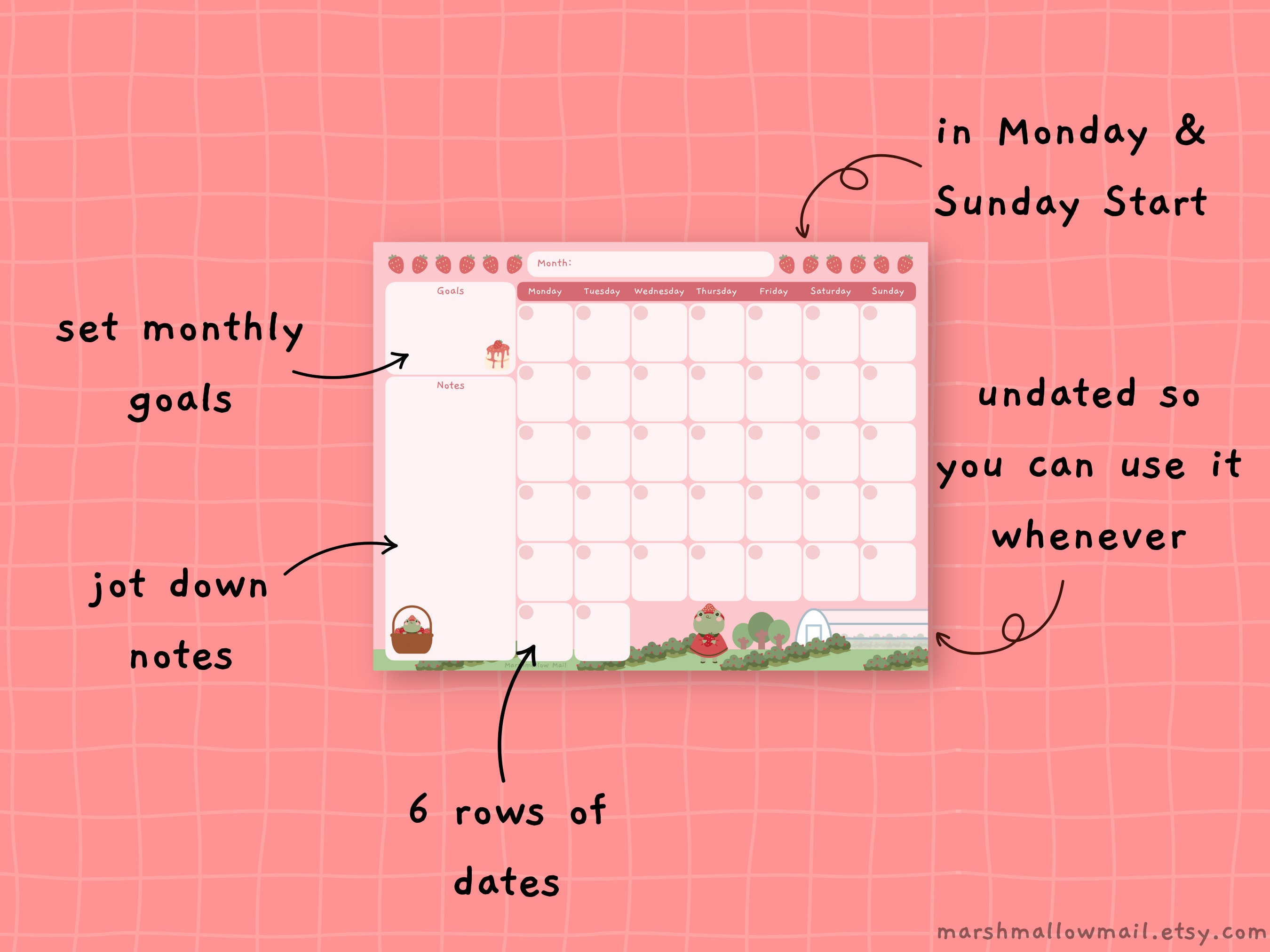 Printable Letter Monthly Planner, Cute Undated Desk Calendar, Kawaii ...