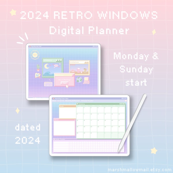 Pastel Retro Pixel Computer 2024 Digital Planner in Monday and Sunday Start, Yearly Monthly Weekly Note Templates, for Goodnotes