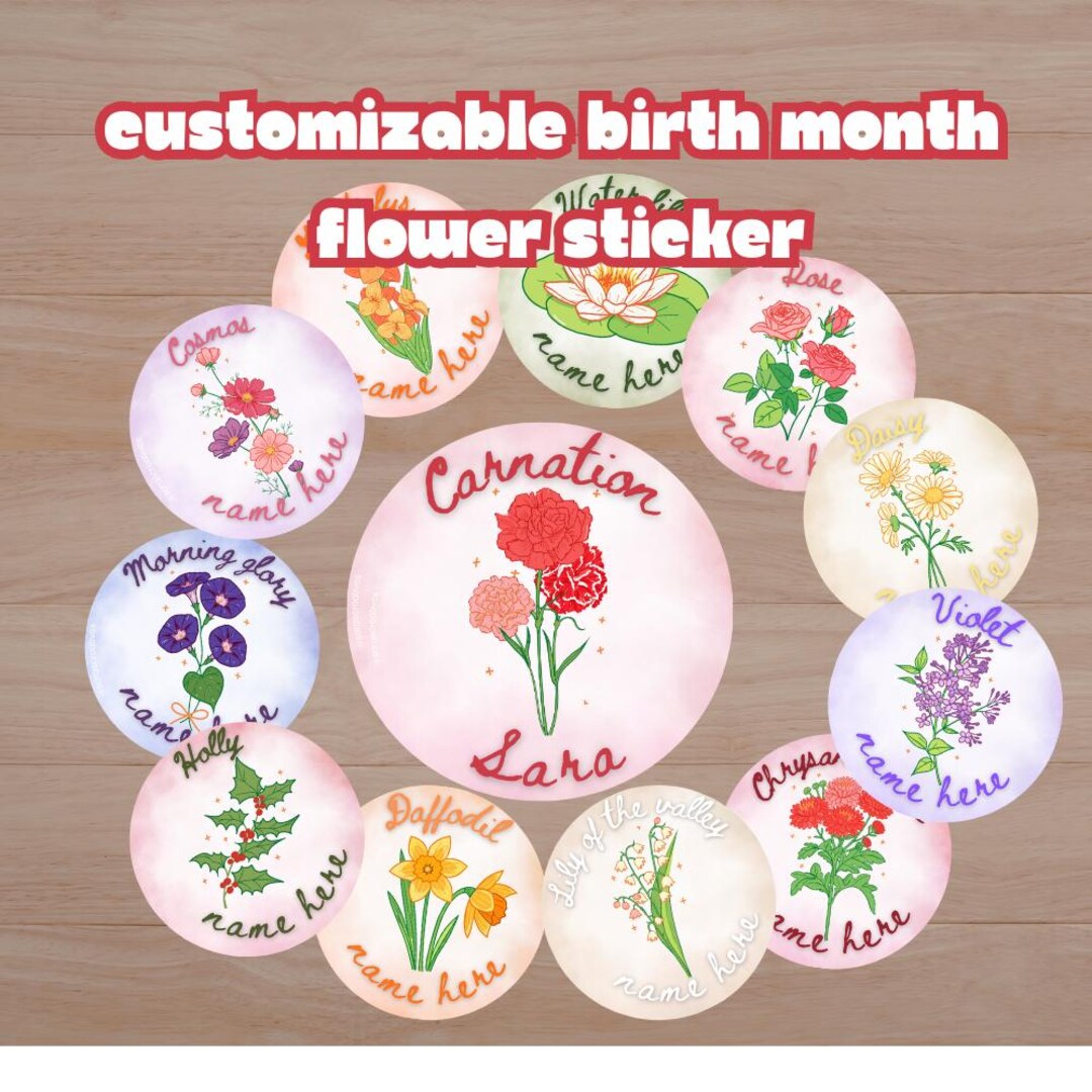 Personalized Birth Flower Stickers With Name,glossy Vinyl Decal, Custom ...