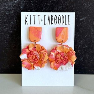 Orange + Pink Poppy Earrings - 14k goldfilled | handmade | dangle polymer clay earrings | gift idea | flowers | marbled | summer jewelry
