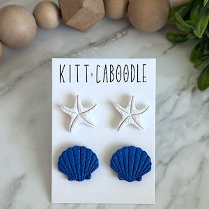 Seashell Blue Stud Duo (larger stud) | polymer clay earrings | handmade | ocean | beach | white clay | summer jewelry | lightweight | gift