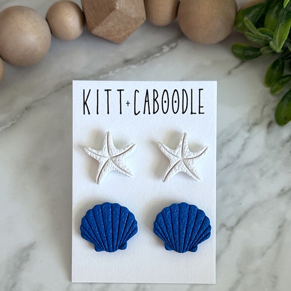 Seashell Blue Stud Duo (larger stud) | polymer clay earrings | handmade | ocean | beach | white clay | summer jewelry | lightweight | gift