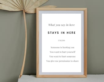 May include: A framed print with the text "What you say in here STAYS IN HERE" in a minimalist style. The text continues with "UNLESS" followed by four conditions. A dried palm leaf is next to the frame.