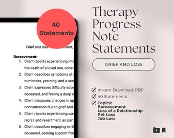 Therapy Progress Note Statements | Grief and Loss | Progress Notes | Psychotherapy Notes | Progress Note Template | Therapy | PDF
