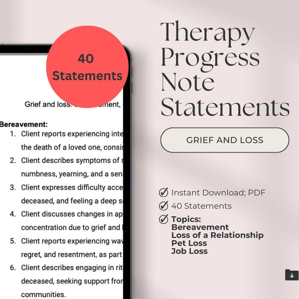 Therapy Progress Note Statements | Grief and Loss | Progress Notes | Psychotherapy Notes | Progress Note Template | Therapy | PDF