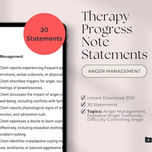 Therapy Progress Note Statements | Anger | Psychotherapy Notes | Progress Note Statements | Progress Note Template | Therapy Tool | PDF