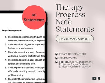 Therapy Progress Note Statements | Anger | Psychotherapy Notes | Progress Note Statements | Progress Note Template | Therapy Tool | PDF