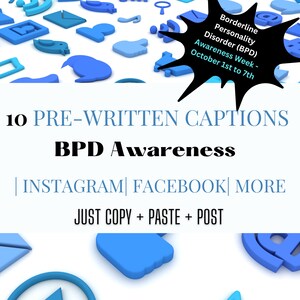 10 Pre-Written Social Media Captions and Hashtags on BPD Awareness| Instagram | Facebook | Social Media|  No Images | Copy + Paste