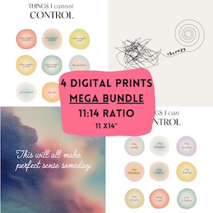 Könnte beinhalten: Ein Bundle von vier digitalen Drucken im Format 11x14 Zoll (28x36 cm). Die Drucke zeigen Text und abstrakte Designs, darunter Sätze wie "Things I cannot control" und "This will all make perfect sense someday."
