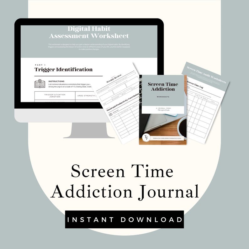 Screen Time Addiction Worksheets, Digital Detox for Kids, Parenting Tools, CBT Techniques, Mental Health Support
