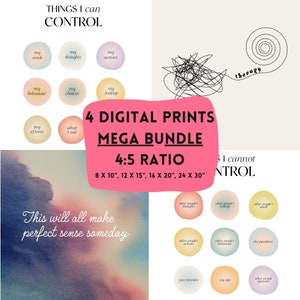 Könnte beinhalten: Ein digitales Druckbundle im 4:5-Verhältnis mit vier einzigartigen Designs. Die Drucke enthalten Texte wie "Things I Can Control" und "This will all make perfect sense someday." Erhältlich in verschiedenen Größen.