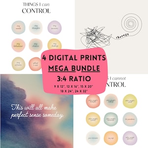 Könnte beinhalten: Ein digitales Druckbundle mit dem Text „Dinge, die ich kontrollieren kann“ und „Dinge, die ich nicht kontrollieren kann“. Das Bundle enthält 4 Drucke im 3:4-Verhältnis, erhältlich in verschiedenen Größen, mit inspirierenden Zitaten.