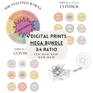 Könnte beinhalten: Ein Satz von 4 druckbaren digitalen Postern im Verhältnis 3:4. Die Poster zeigen ein Gefühlsrad, eine verworrene Linie mit dem Wort "Therapie" am Ende und zwei Sätze von Kreisen mit Text über Dinge, die man kontrollieren kann und nicht kontrollieren kann. Die Poster sind in den Größen 9x12 Zoll, 12x16 Zoll, 15x20 Zoll, 18x24 Zoll und 24x32 Zoll erhältlich.